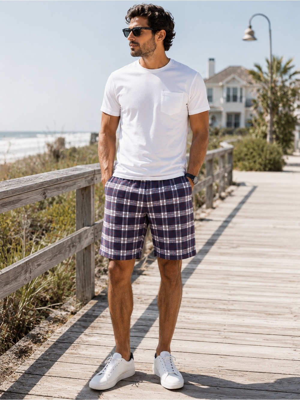 Gap Mens Plaid Cotton Shorts Navy Blue Red White Size 30 Preppy Casual